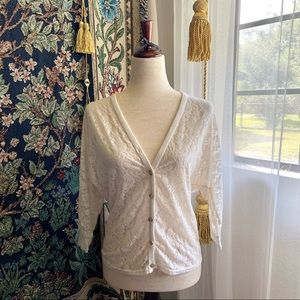 White Floral Lace V-Neck Cardigan with Button Up Front, Half Sleeves